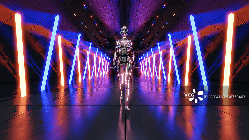 机器人女性走在蓝红色霓虹灯照亮的走廊上的三维渲染图片素材