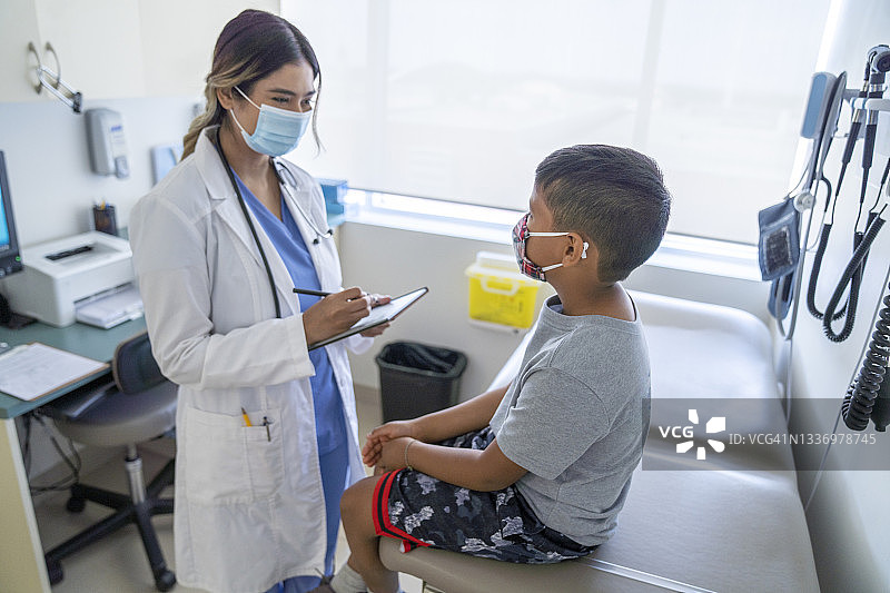 戴口罩的女医生和年轻的男童患者图片素材