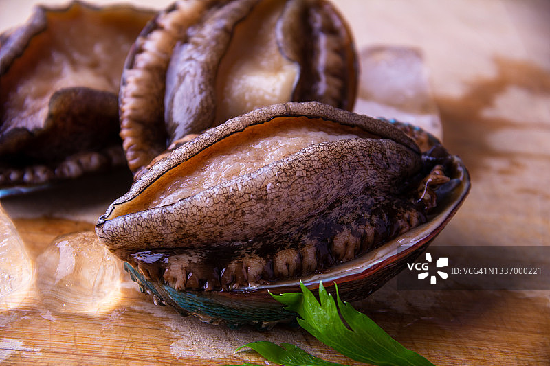 木桌上的新鲜生鲍鱼图片素材