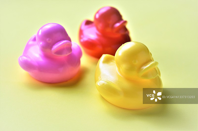 黄色背景上的彩色橡皮鸭图片素材