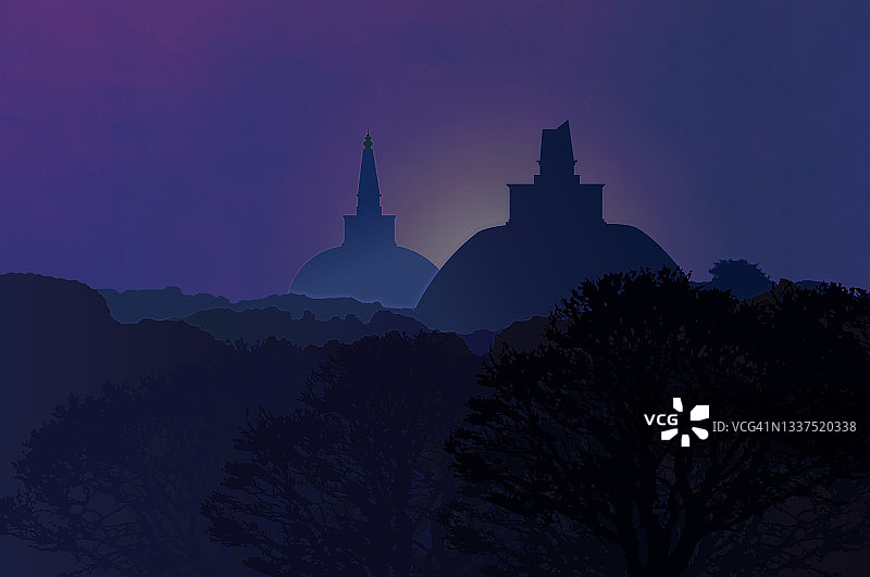 日落时分阿努拉德普勒天空下的树木轮廓图片素材