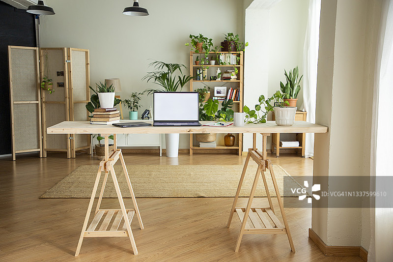 舒适的居家办公场所，配有笔记本电脑、木桌和木架，阁楼开放空间内有植物和木制搁板图片素材