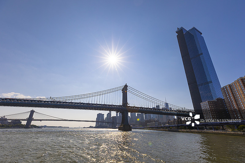 阳光照耀在东河上，照亮了东河和曼哈顿大桥图片素材