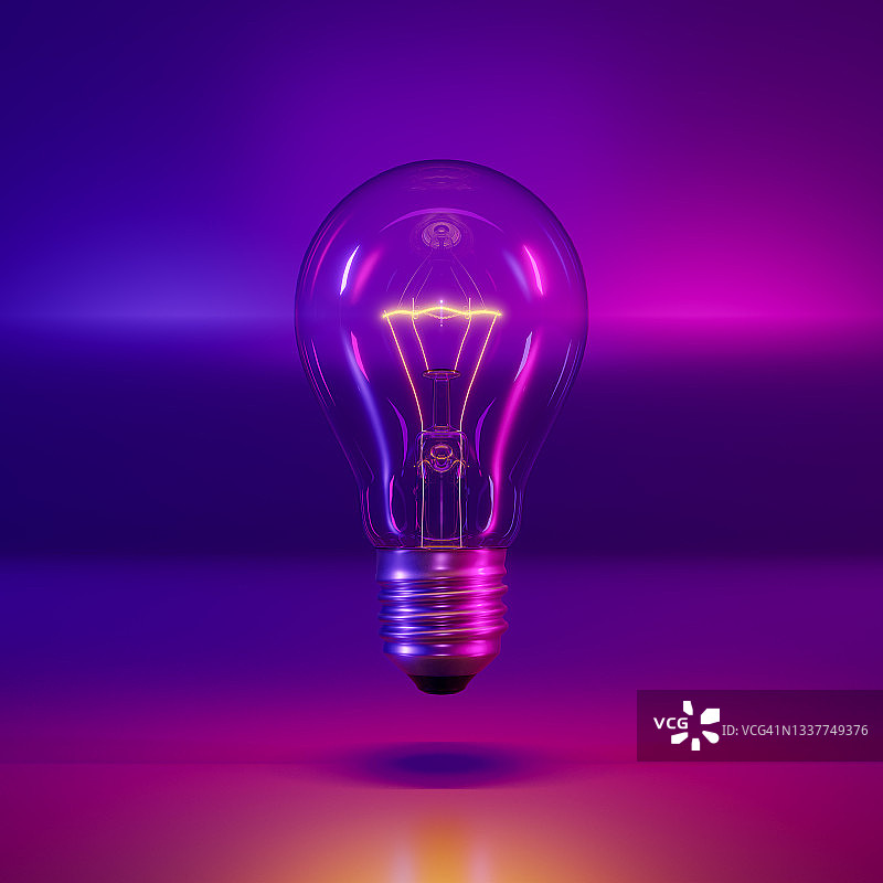 粉色、紫色和蓝色背景下的发光灯泡图片素材