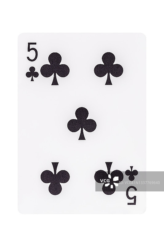 梅花五扑克牌，白色背景上隔离。带剪切路径图片素材