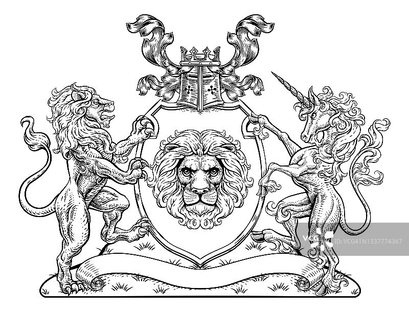 独角兽狮子纹章盾家庭印章图片素材