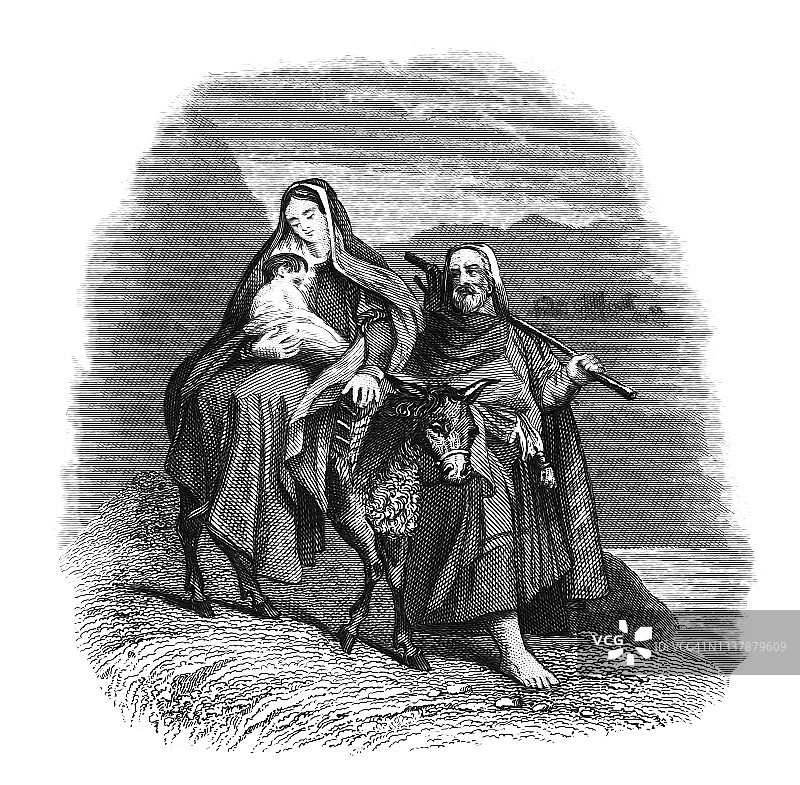 新约中逃往埃及的复古插图图片素材