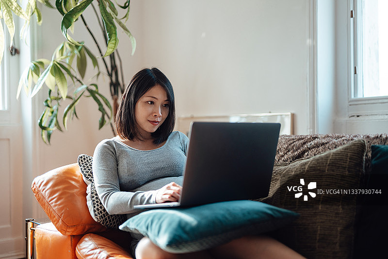 在家办公的年轻孕妇女商人，在沙发上使用笔记本电脑工作图片素材
