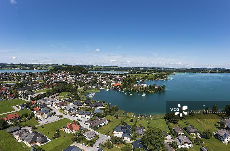 奥地利萨尔茨堡州萨尔茨堡湖区弗拉绍，马特湖和上特鲁默湖的无人机拍摄图片素材
