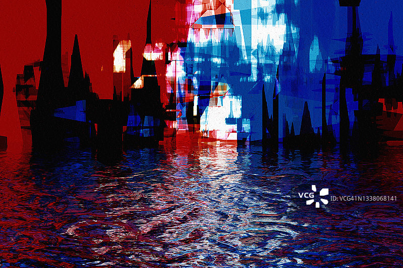 抽象夜景城市几何红色蓝色城市倒影水面图片素材