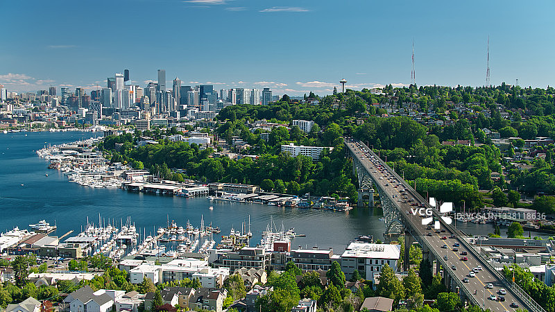 联合湖和西雅图弗里蒙特上空的无人机航拍图片素材