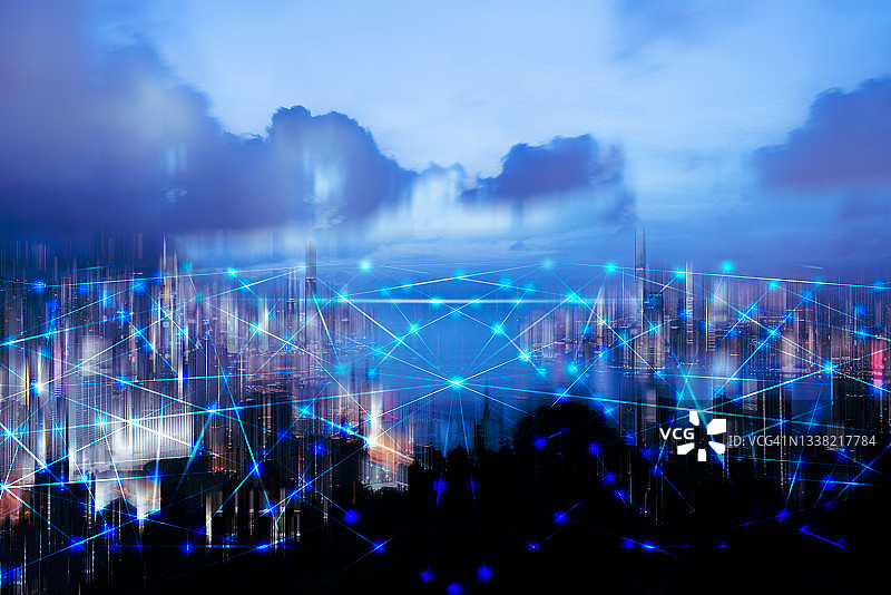 城市网络鸟瞰图：智慧科技城市图片素材