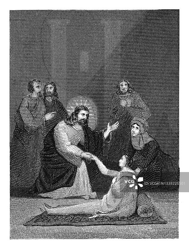 耶稣治愈瘫痪病人古老版画插图图片素材