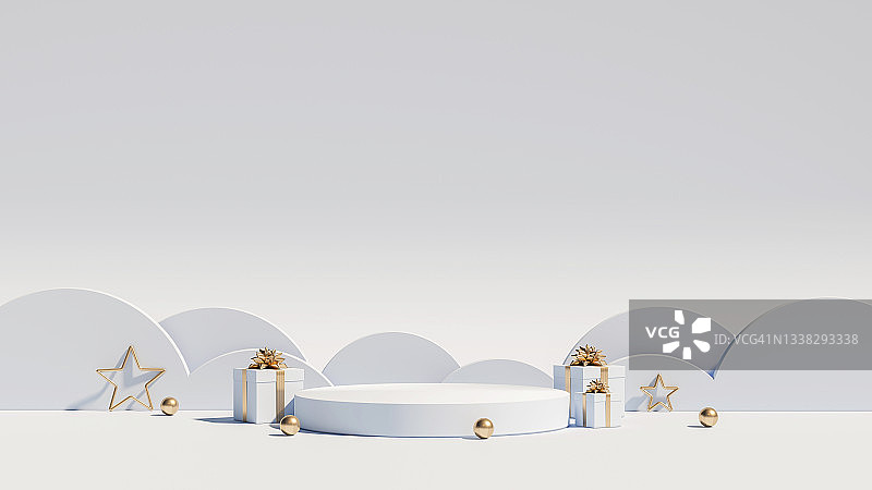 圣诞节品牌包装展示台、礼盒和金色星星3D渲染插画图片素材
