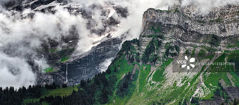 瑞士阿尔卑斯山脉的壮丽悬崖，白雪皑皑的山峰和瀑布，夏季美景图片素材