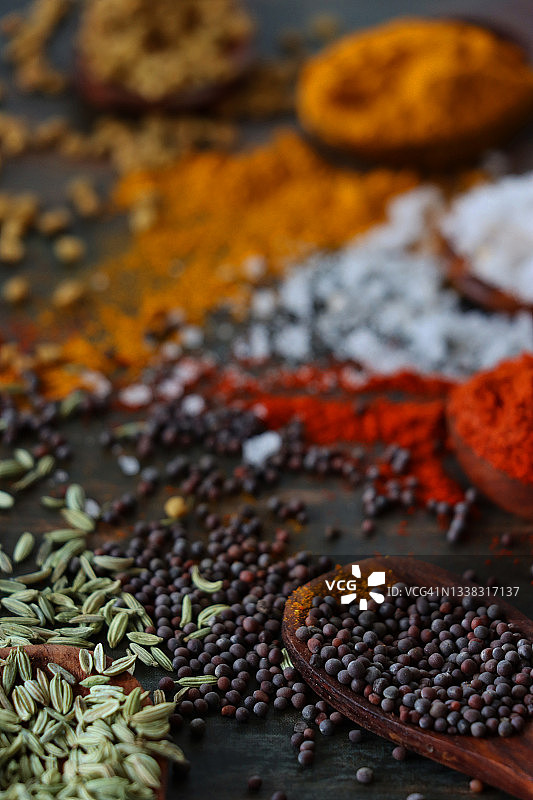 木勺彩色香料特写：用于制作泡菜的种子和矿物质，姜黄粉、黑洋葱籽、辣椒粉、胡芦巴籽、盐和芥末籽图片素材