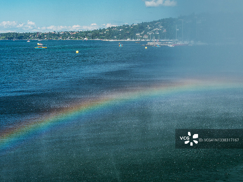 水雾在日内瓦水面形成美丽的彩虹图片素材
