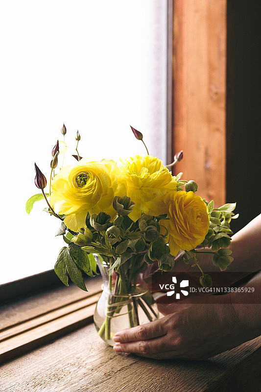 女人在窗边摆放花瓶图片素材