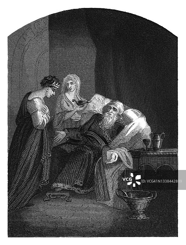 大卫与拔示巴古老雕刻插图图片素材