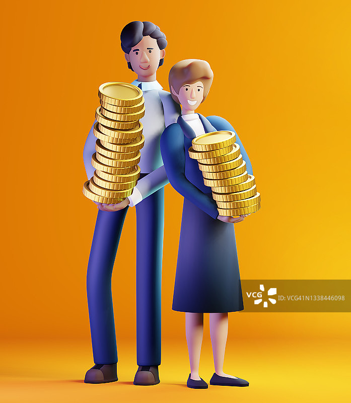 手持硬币堆的商务人士3D渲染插图：象征帮助、支持、咨询和解决问题图片素材
