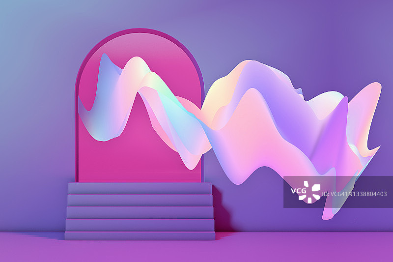 3D渲染：粉色拱门和紫色阶梯式讲台，带曲线箔片波浪背景图片素材