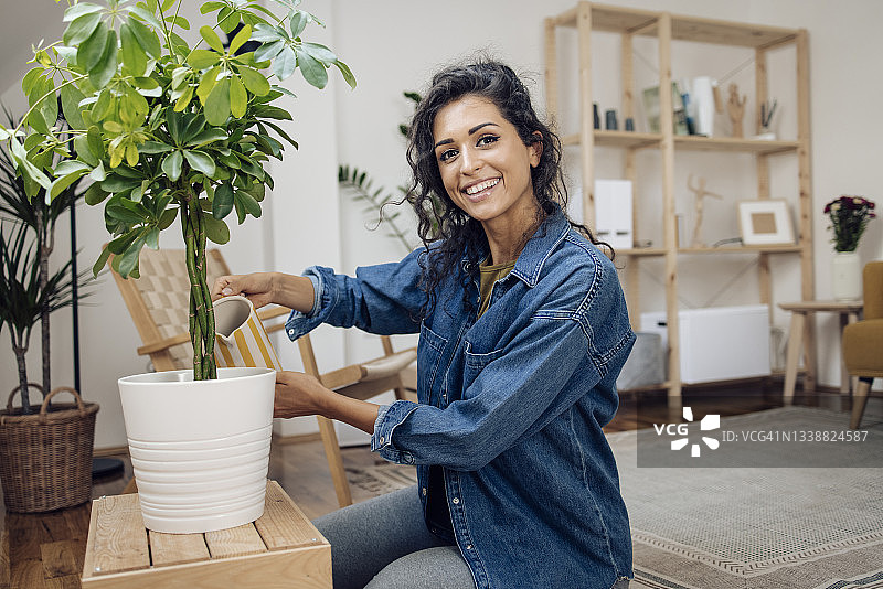 一位美丽的女人给她的室内植物浇水图片素材