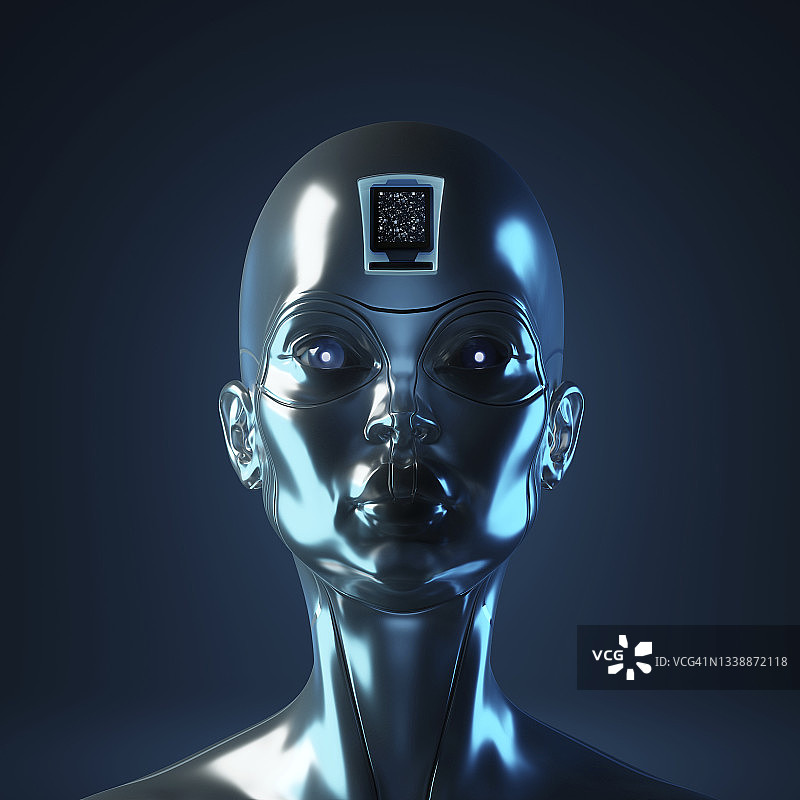 头部内有电脑芯片的女性机器人3D渲染图片素材