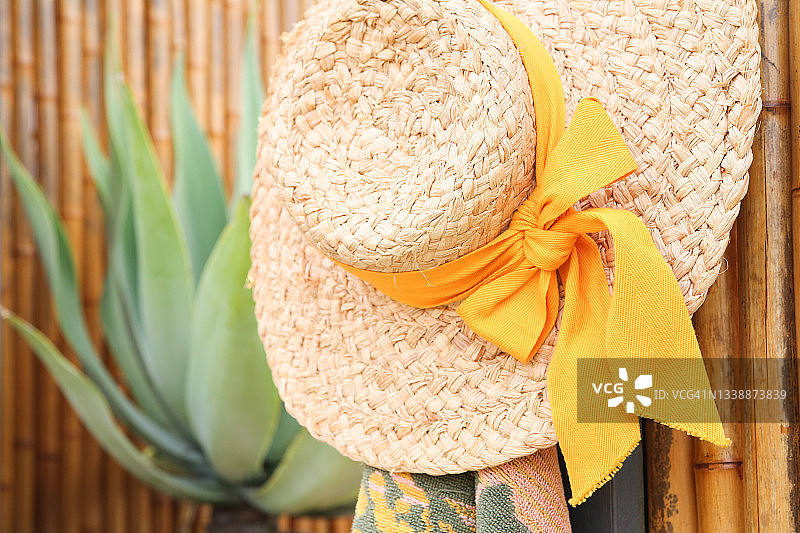黄色丝带帽子、海滩巾和龙舌兰图片素材