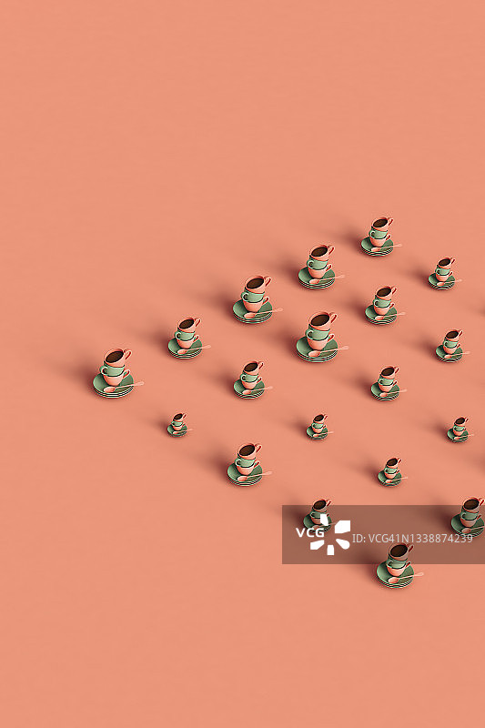 粉色背景下堆叠在盘子上的咖啡杯3D渲染图片素材