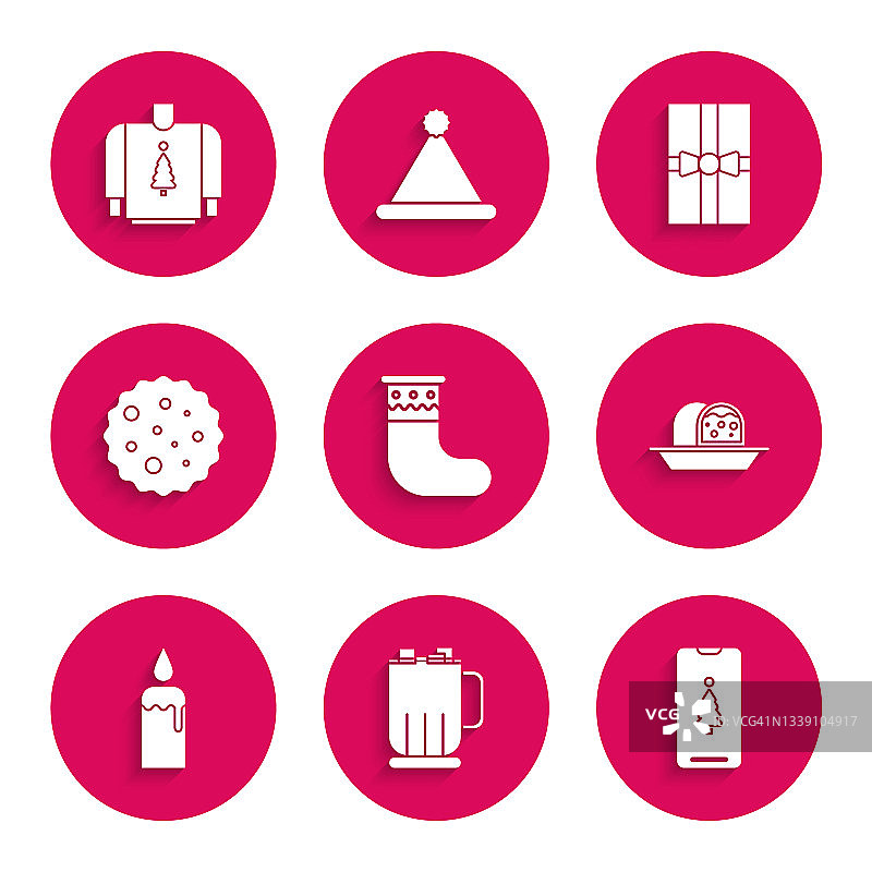 圣诞袜、带棉花糖的热巧克力杯、智能手机礼品盒、杏仁蛋白软糖蛋糕、燃烧的蜡烛烛台、饼干或小甜饼、礼物和毛衣图标矢量素材图片素材