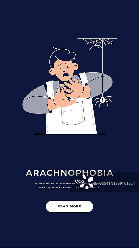 害怕蜘蛛，蜘蛛恐惧症banner：害怕的孩子角色害怕蜘蛛。恐惧症，童年非理性恐惧，焦虑症，网络吓人面孔情感概念。扁平矢量插图图片素材