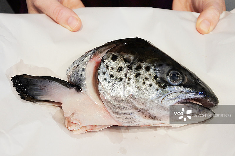 人手捧着一条三文鱼图片素材