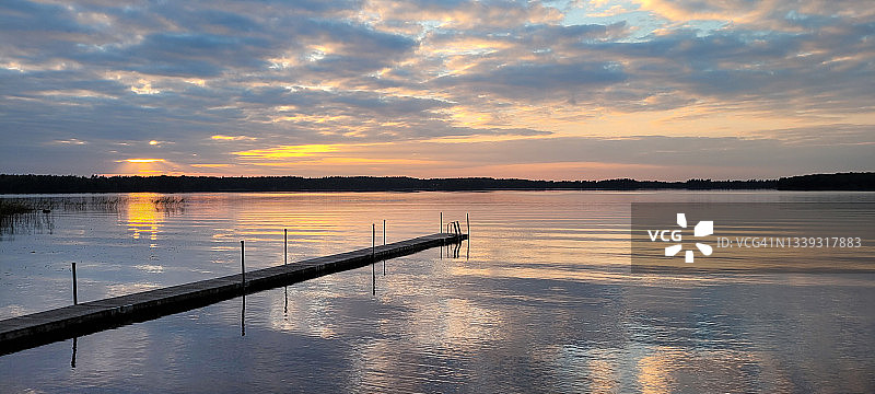 夏季日落时分的静谧湖泊全景图片素材