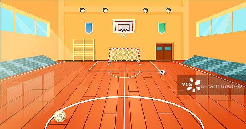 卡通学校篮球馆室内运动场矢量插画图片素材
