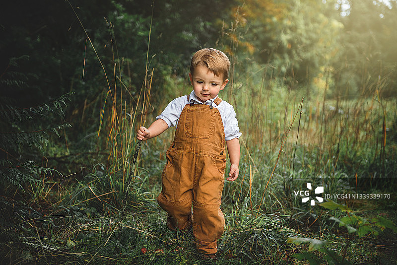 在绿色草地上行走的男童图片素材