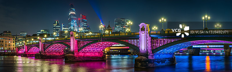 伦敦城市夜景：泰晤士河大桥上的摩天大楼图片素材