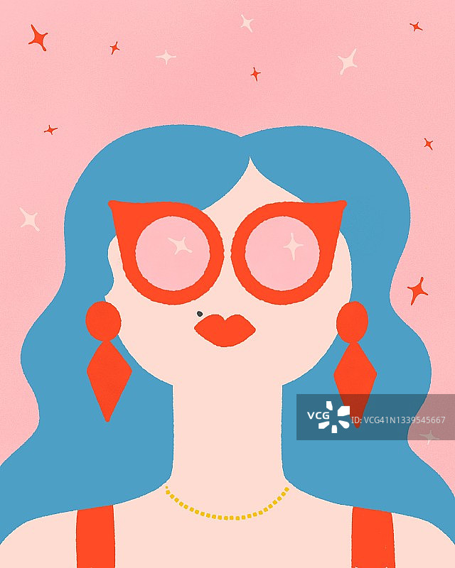 戴红色太阳镜和蓝色头发的复古现代女人图片素材