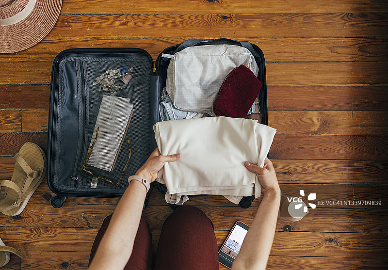 俯视视角：白人女人在木地板上收拾行李箱图片素材