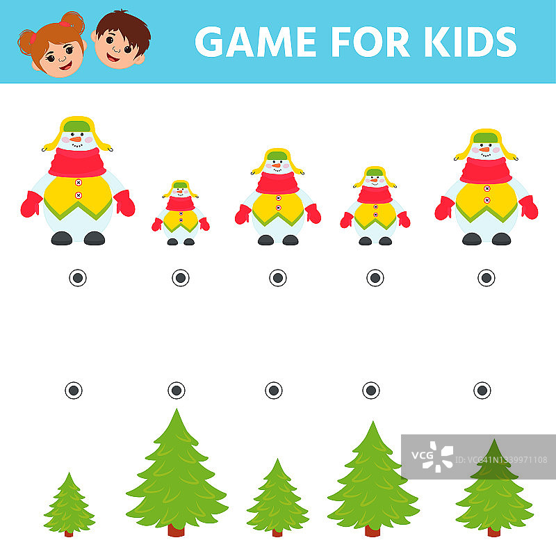 儿童游戏：连接雪人和圣诞树的高度，学前教育练习单图片素材