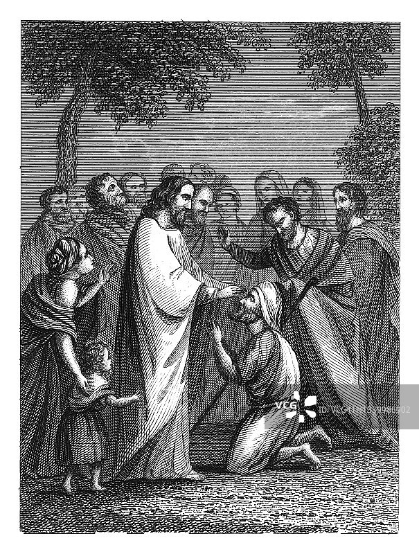 耶稣使巴底买复明的古老雕刻插图图片素材