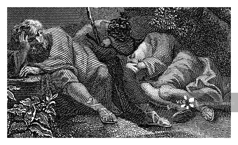 沉睡男人的雕刻插图图片素材