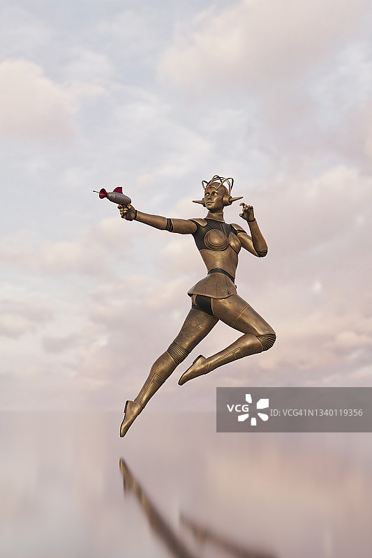 手持射线枪的未来感女性机器人图片素材