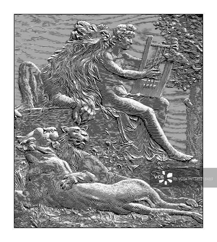 古旧版画：俄耳甫斯是古希腊宗教中的传奇音乐家和先知图片素材