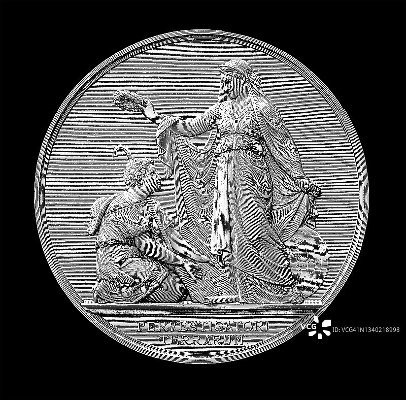 货币学：戈特弗里德·凯勒（瑞士诗人和德国文学作家）的奖章古老雕刻插图图片素材