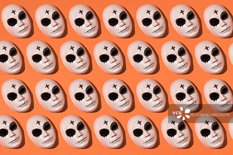 重复的万圣节杀手面具图案，前额上有一个十字，橙色背景上有明显的黑眼圈。万圣节庆祝概念图片素材