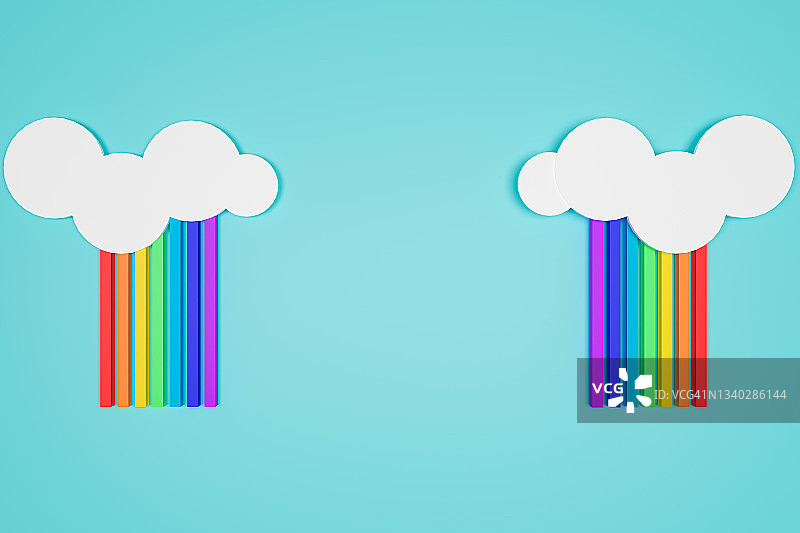 2.5D渲染：蓝色背景上带有复制空间的彩虹剪纸（左侧）图片素材