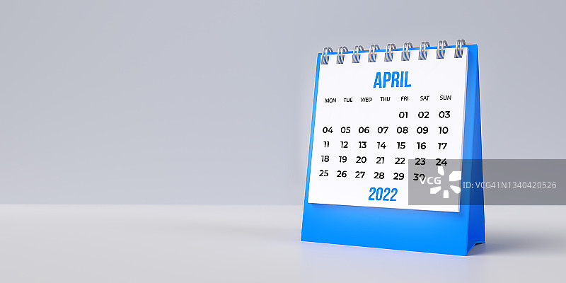 蓝色四月桌面日历（2022年），留白背景带复制空间图片素材