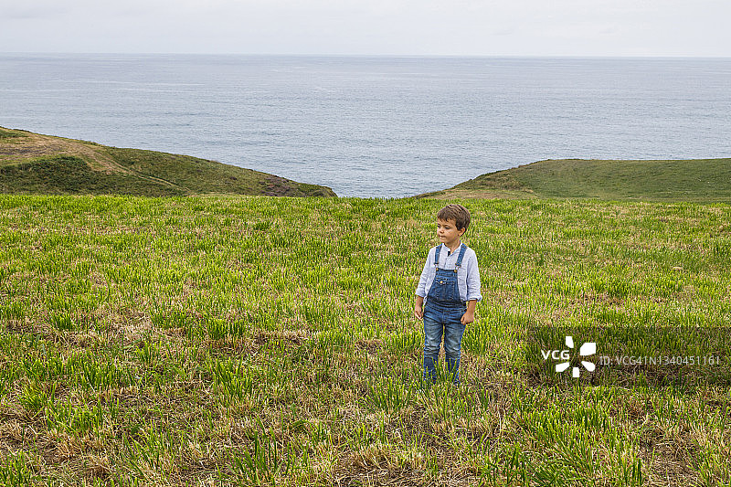 海边草地上的沉思小男孩图片素材