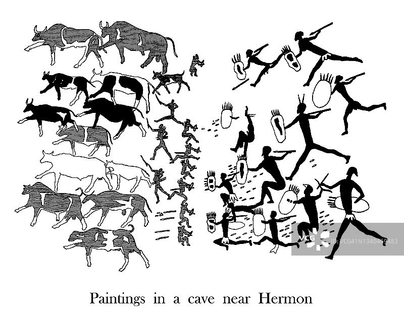 在南非赫尔蒙传教站附近发现的洞穴壁画的古老雕刻插图——布须曼人和他们的牛群图片素材
