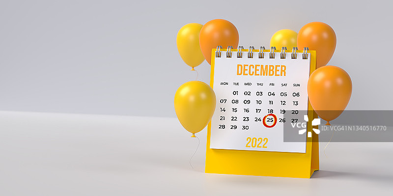 黄色12月25日圣诞节日历与气球背景图片素材